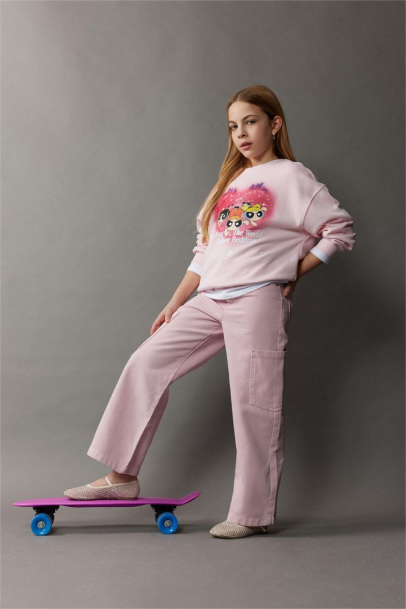 Kız Çocuk - Genç Kız Açık Pembe Wide Leg Kargo Geniş Paça Jean Pantolon Kız Çocuk