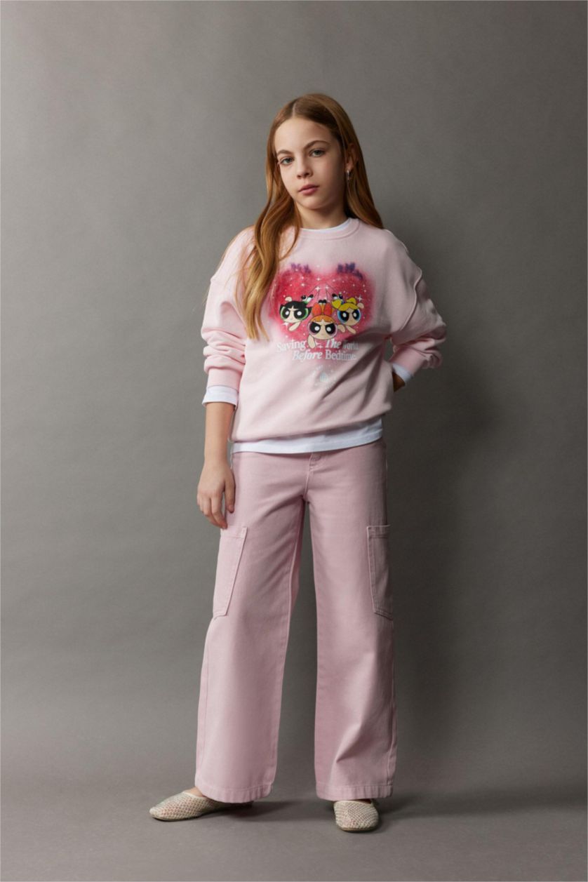 Kız Çocuk - Genç Kız Açık Pembe Wide Leg Kargo Geniş Paça Jean Pantolon Kız Çocuk