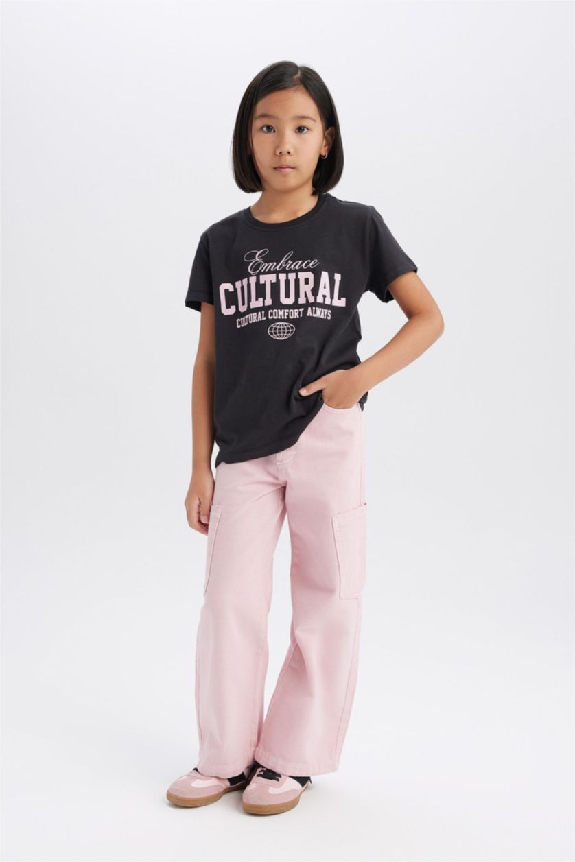 Kız Çocuk - Genç Kız Açık Pembe Wide Leg Kargo Geniş Paça Jean Pantolon Kız Çocuk