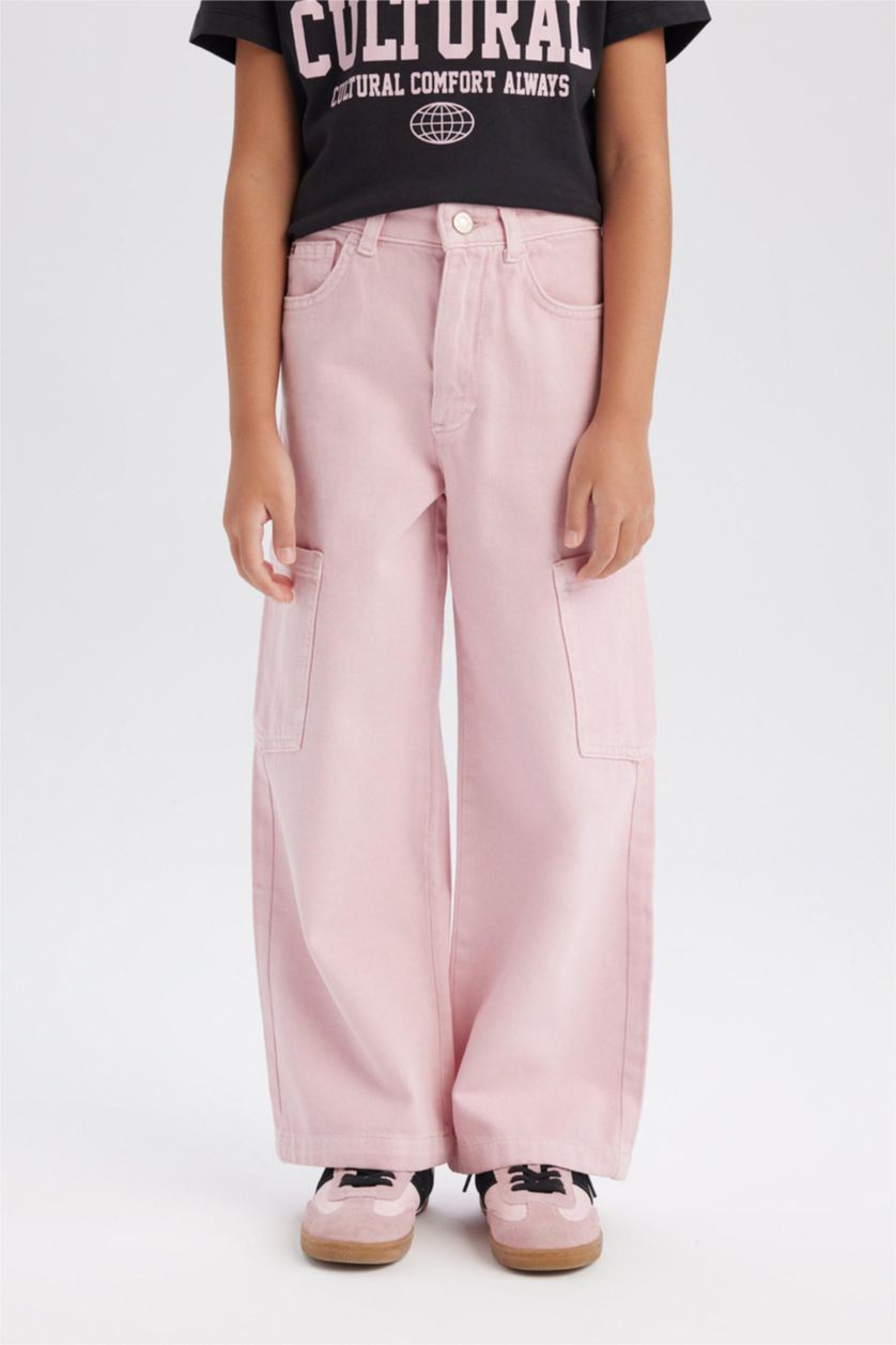 Kız Çocuk - Genç Kız Açık Pembe Wide Leg Kargo Geniş Paça Jean Pantolon Kız Çocuk