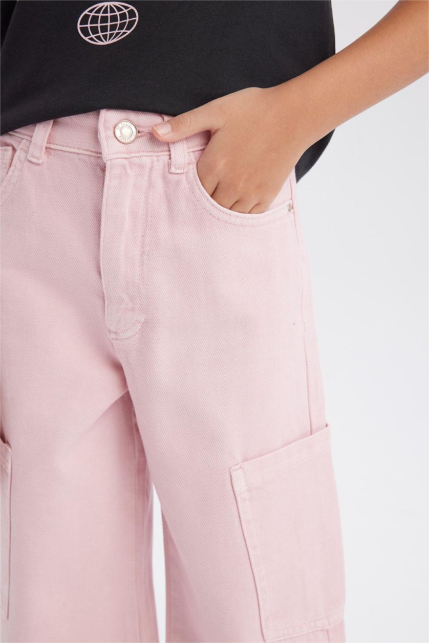 Kız Çocuk - Genç Kız Açık Pembe Wide Leg Kargo Geniş Paça Jean Pantolon Kız Çocuk