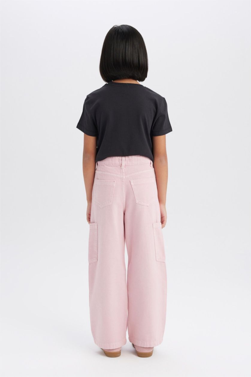 Kız Çocuk - Genç Kız Açık Pembe Wide Leg Kargo Geniş Paça Jean Pantolon Kız Çocuk