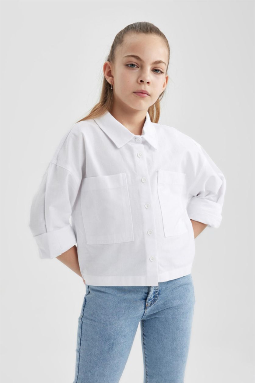 GIRLS & TEENS White Girl Oxford Long Sleeve Crop Shirt