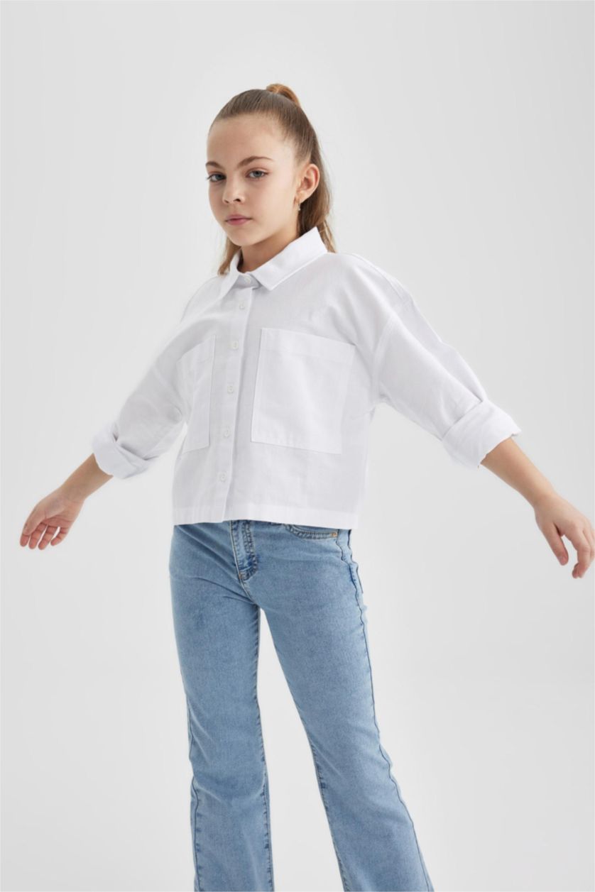 GIRLS & TEENS White Girl Oxford Long Sleeve Crop Shirt