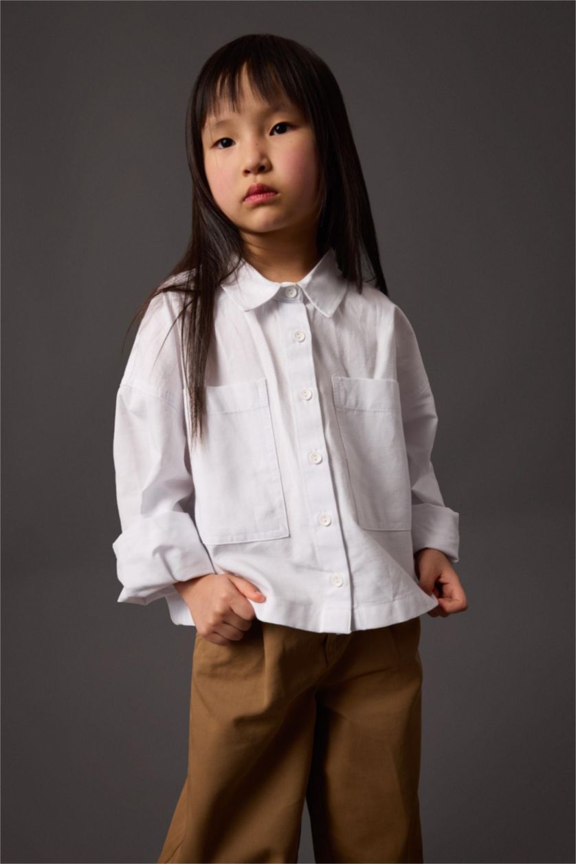 GIRLS & TEENS White Girl Oxford Long Sleeve Crop Shirt