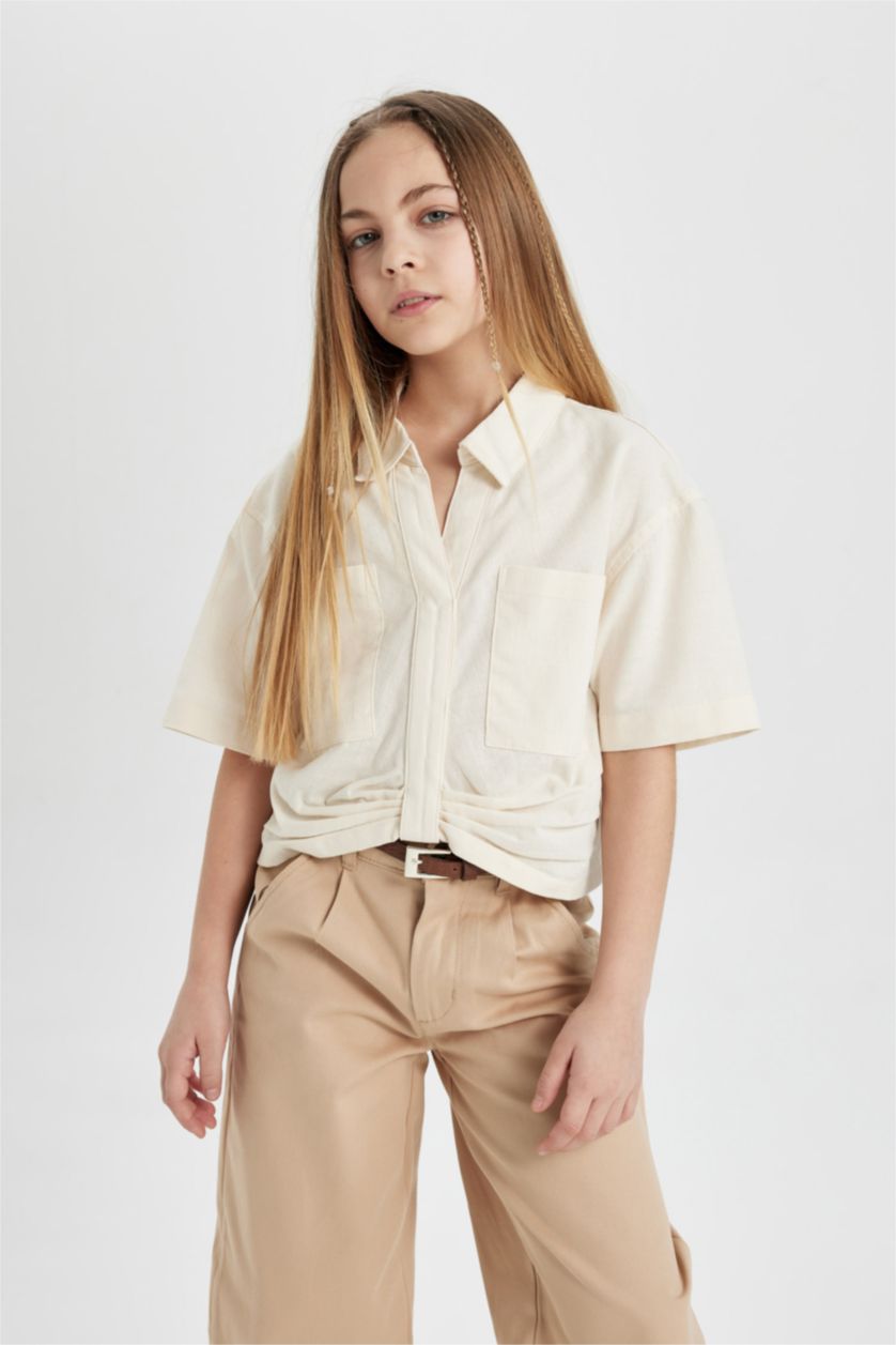 FILLES Écru Chemise Coton Crop à Manches Longues pour Fille
