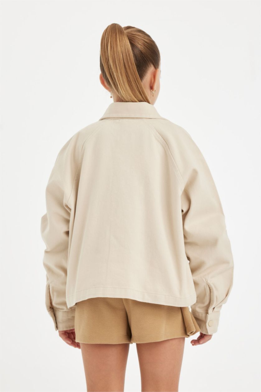 بنات اللون الحجري قميص بناتي جبردين بجيب وكم طويل