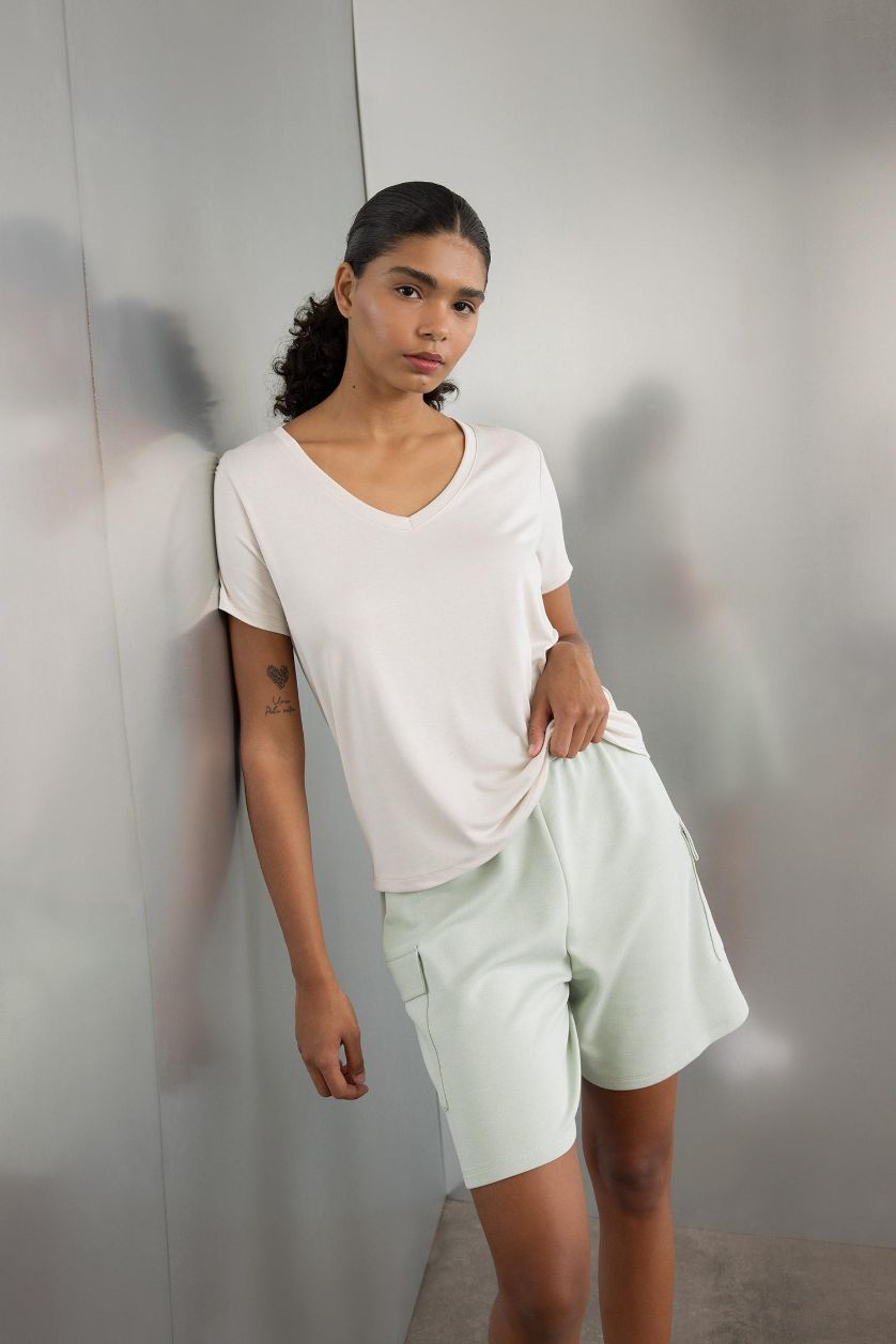 Kadın Yeşil Paperbag Kısa Paça Sporcu Modal Kargo Şort