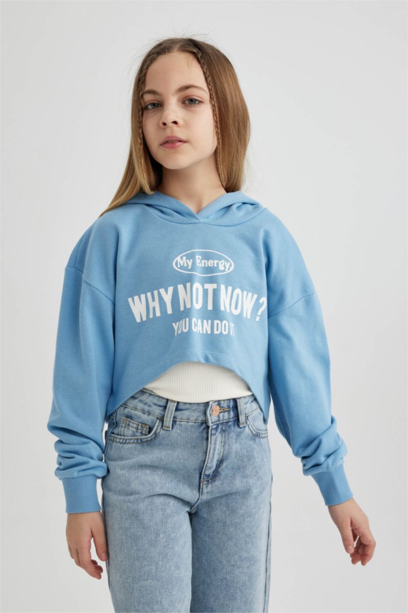 GIRLS & TEENS Blue Girl Oversize Fit Printed Hooded Crop Sweatshirt