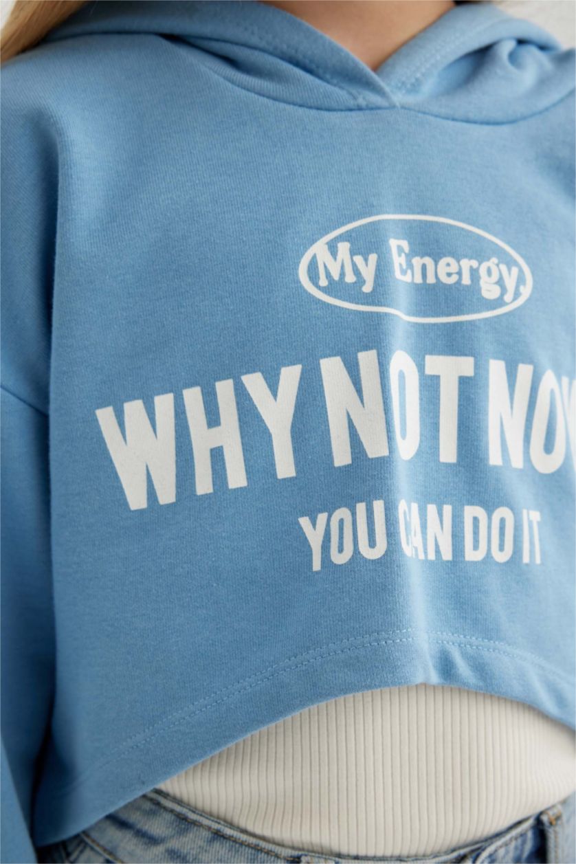 GIRLS & TEENS Blue Girl Oversize Fit Printed Hooded Crop Sweatshirt