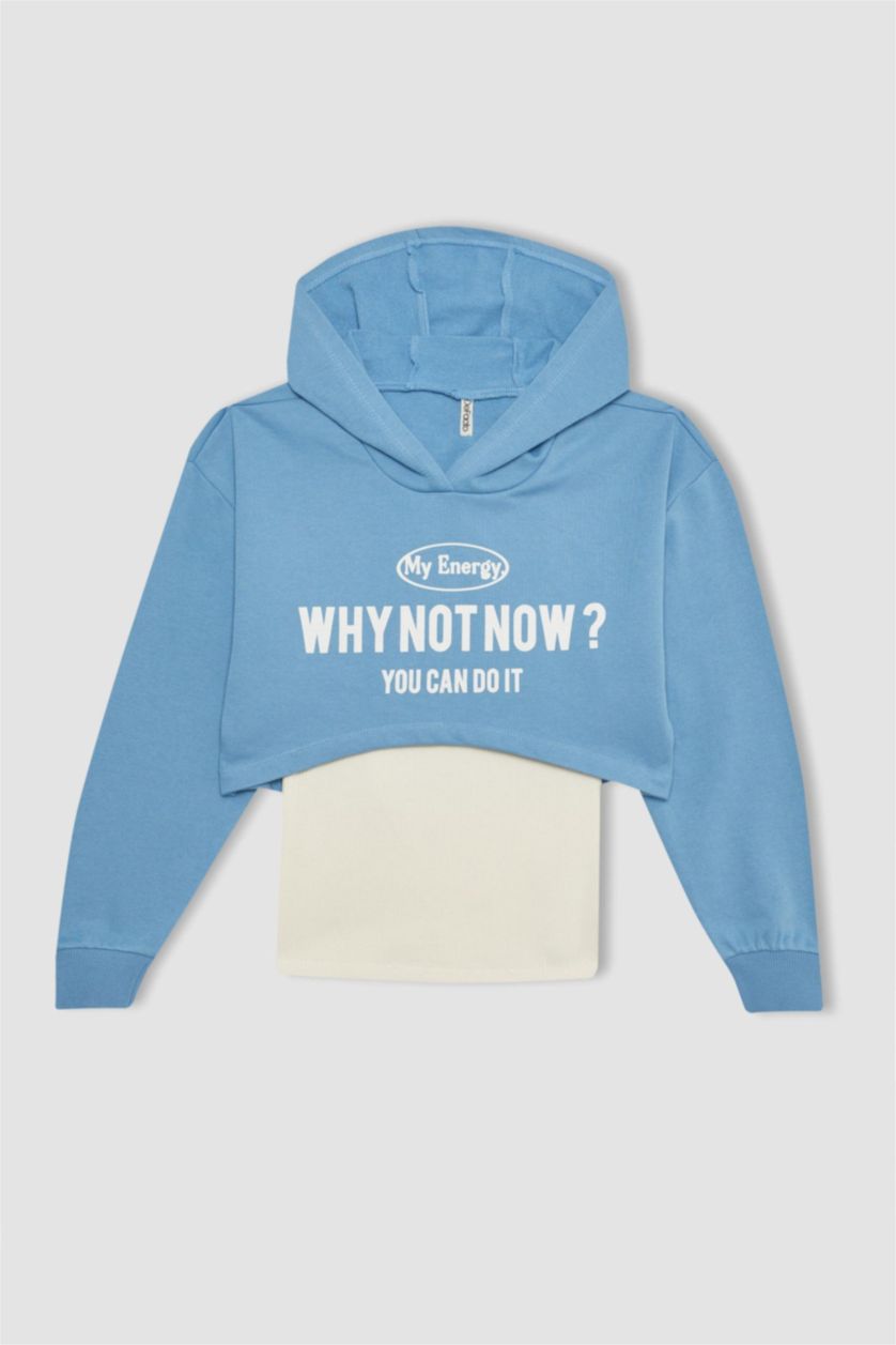 GIRLS & TEENS Blue Girl Oversize Fit Printed Hooded Crop Sweatshirt