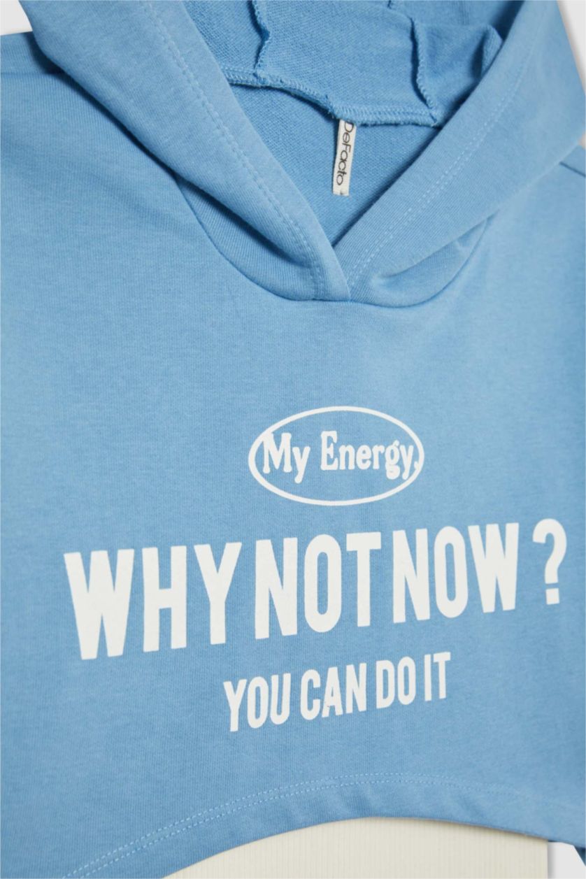 GIRLS & TEENS Blue Girl Oversize Fit Printed Hooded Crop Sweatshirt