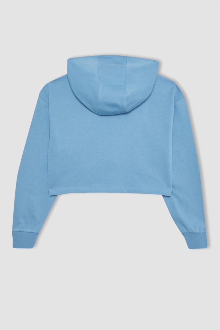 GIRLS & TEENS Blue Girl Oversize Fit Printed Hooded Crop Sweatshirt