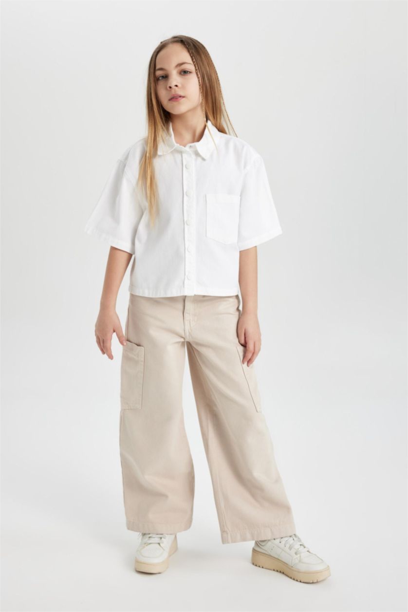 FILLES Blanc Chemise Coton Coupe Carrée à Manches Courtes pour Fille