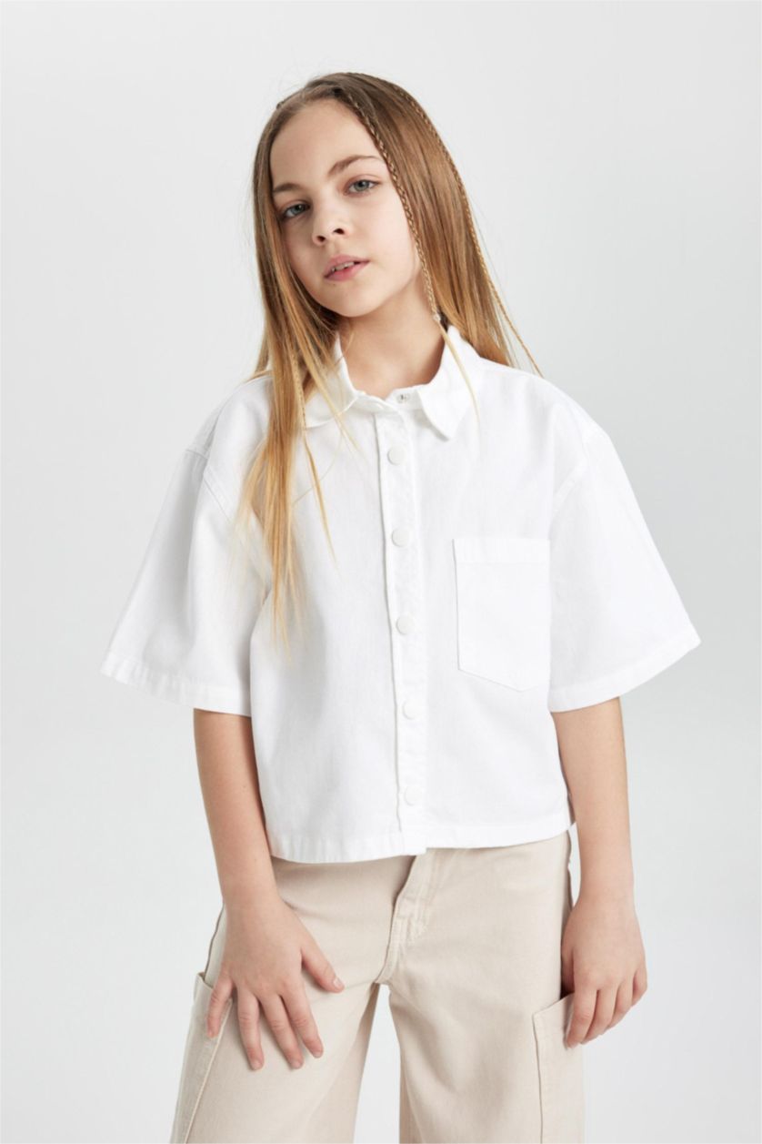 FILLES Blanc Chemise Coton Coupe Carrée à Manches Courtes pour Fille