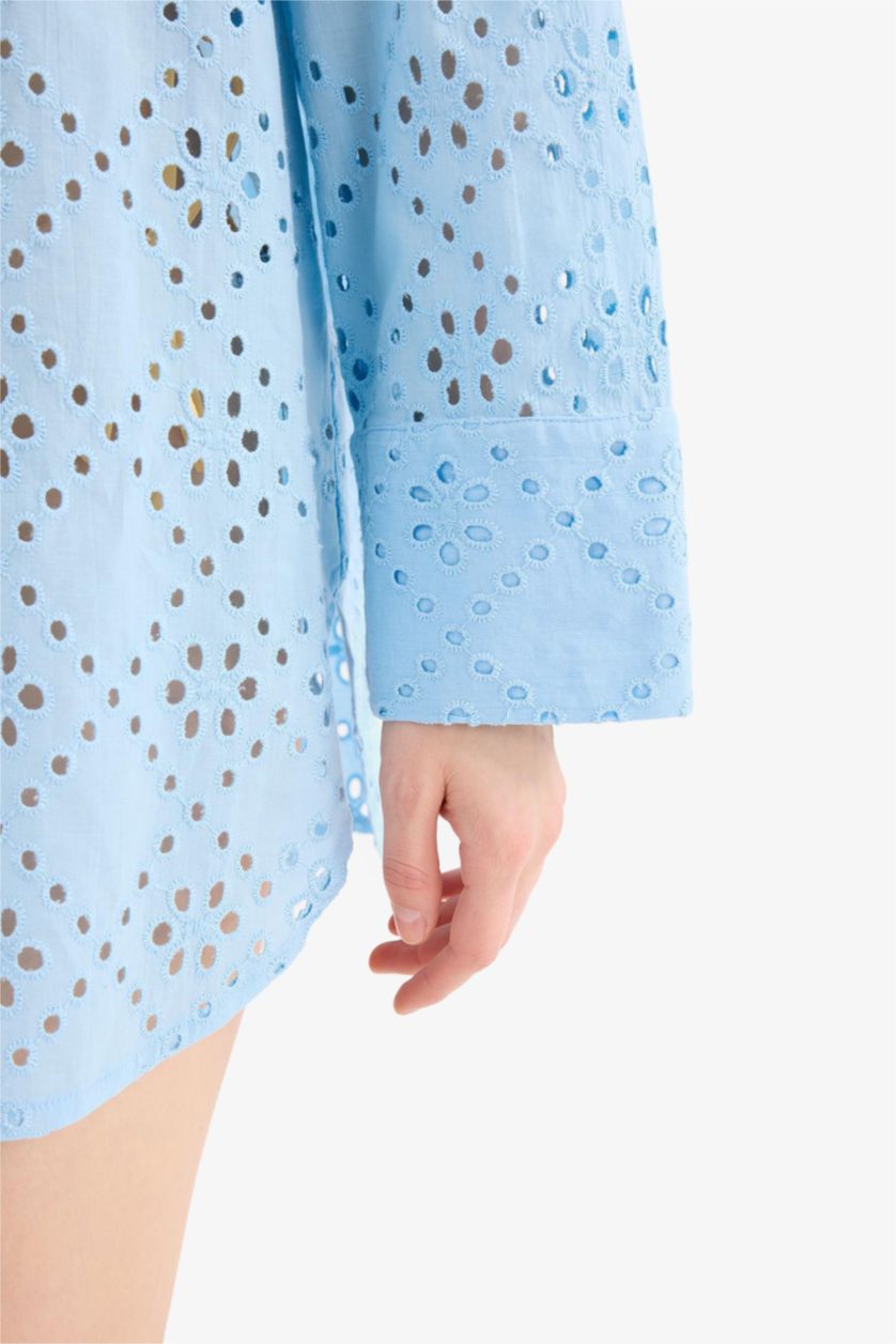 Kadın Mavi Regular Fit Pamuklu Brode Plaj Gömleği