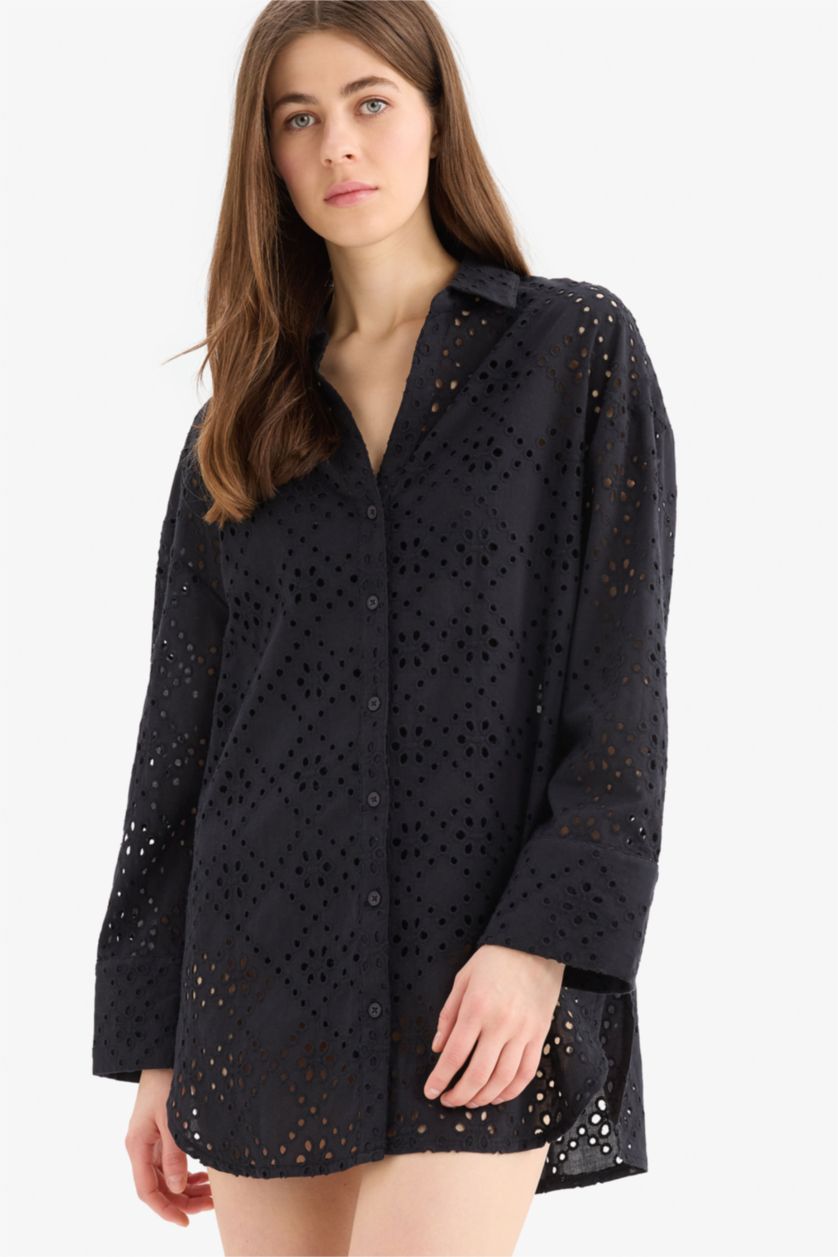 WOMAN Black Fall in Love Regular Fit Cotton Brode Beach Shirt