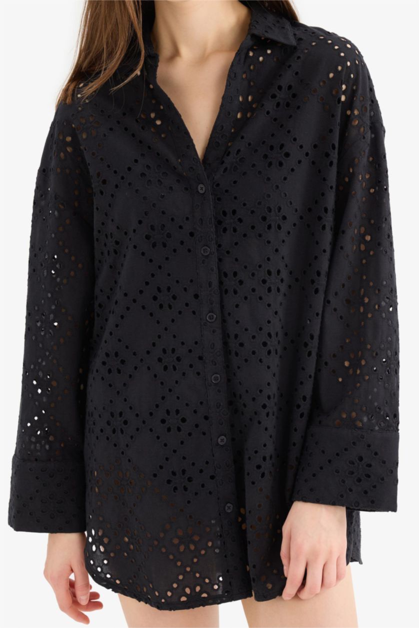 Kadın Siyah Regular Fit Pamuklu Brode Plaj Gömleği