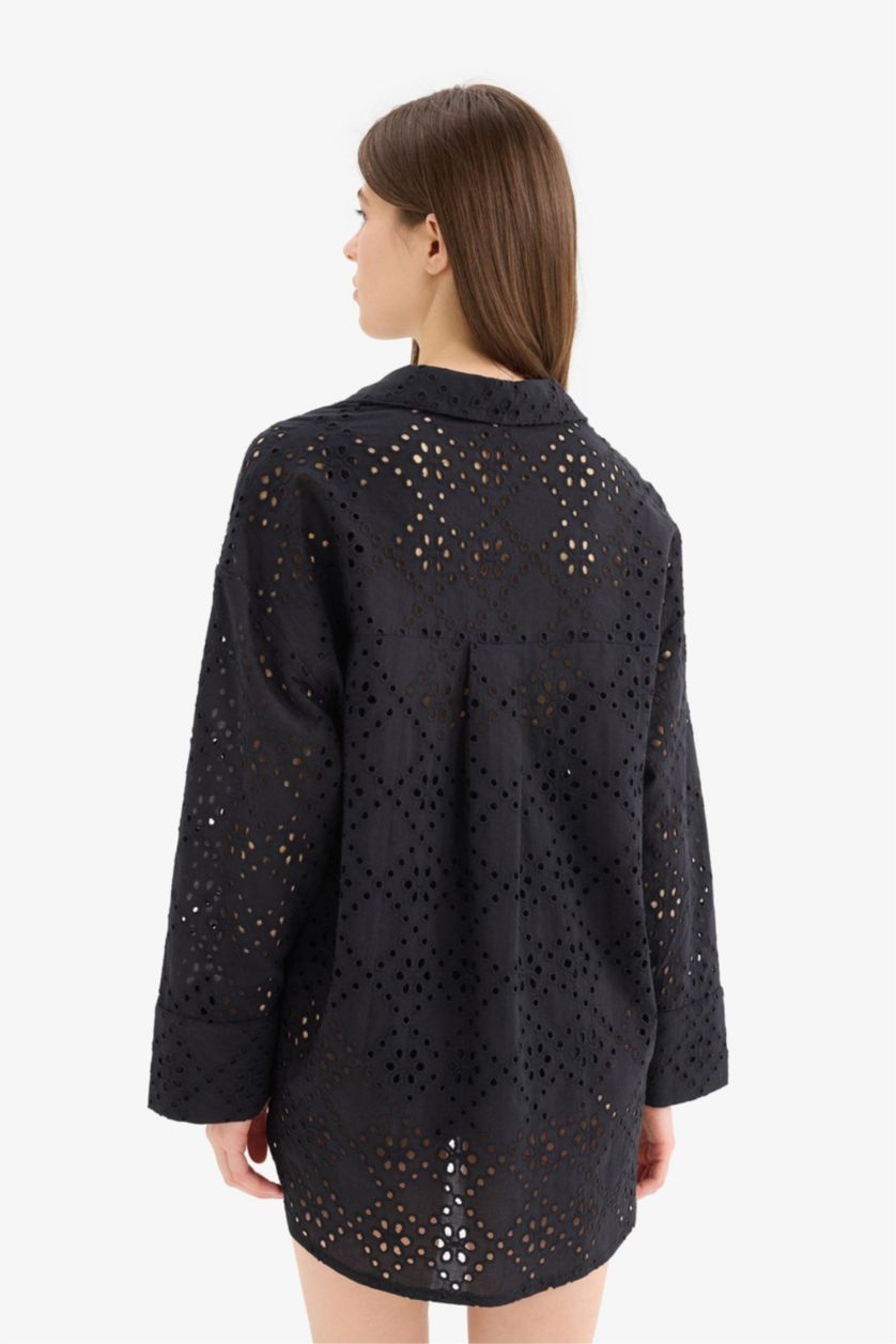 Kadın Siyah Regular Fit Pamuklu Brode Plaj Gömleği