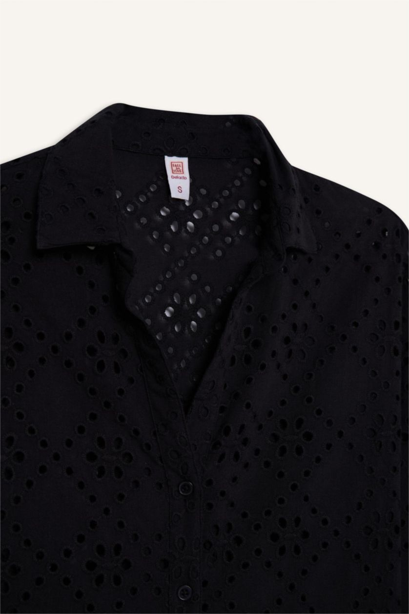 Kadın Siyah Regular Fit Pamuklu Brode Plaj Gömleği