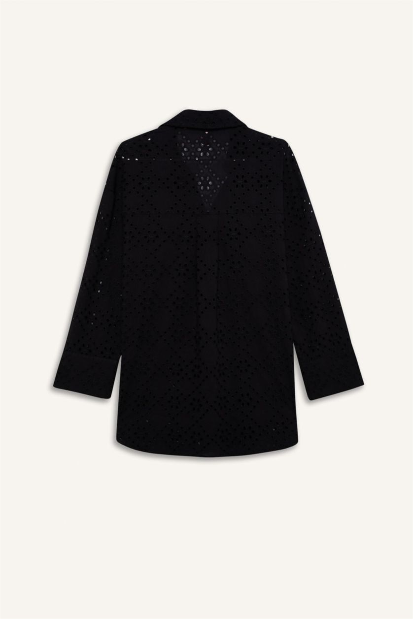 Kadın Siyah Regular Fit Pamuklu Brode Plaj Gömleği