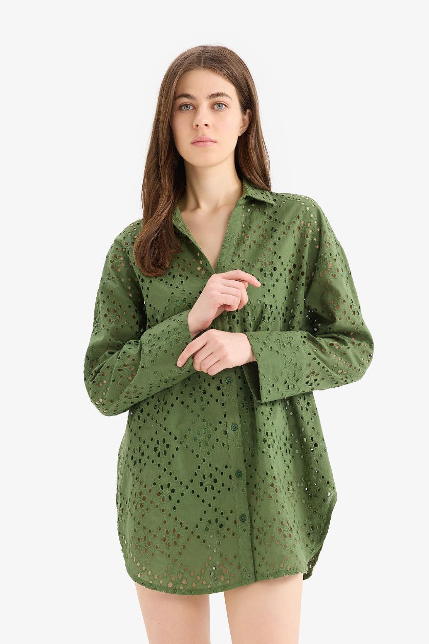 Kadın Yeşil Regular Fit Pamuklu Brode Plaj Gömleği
