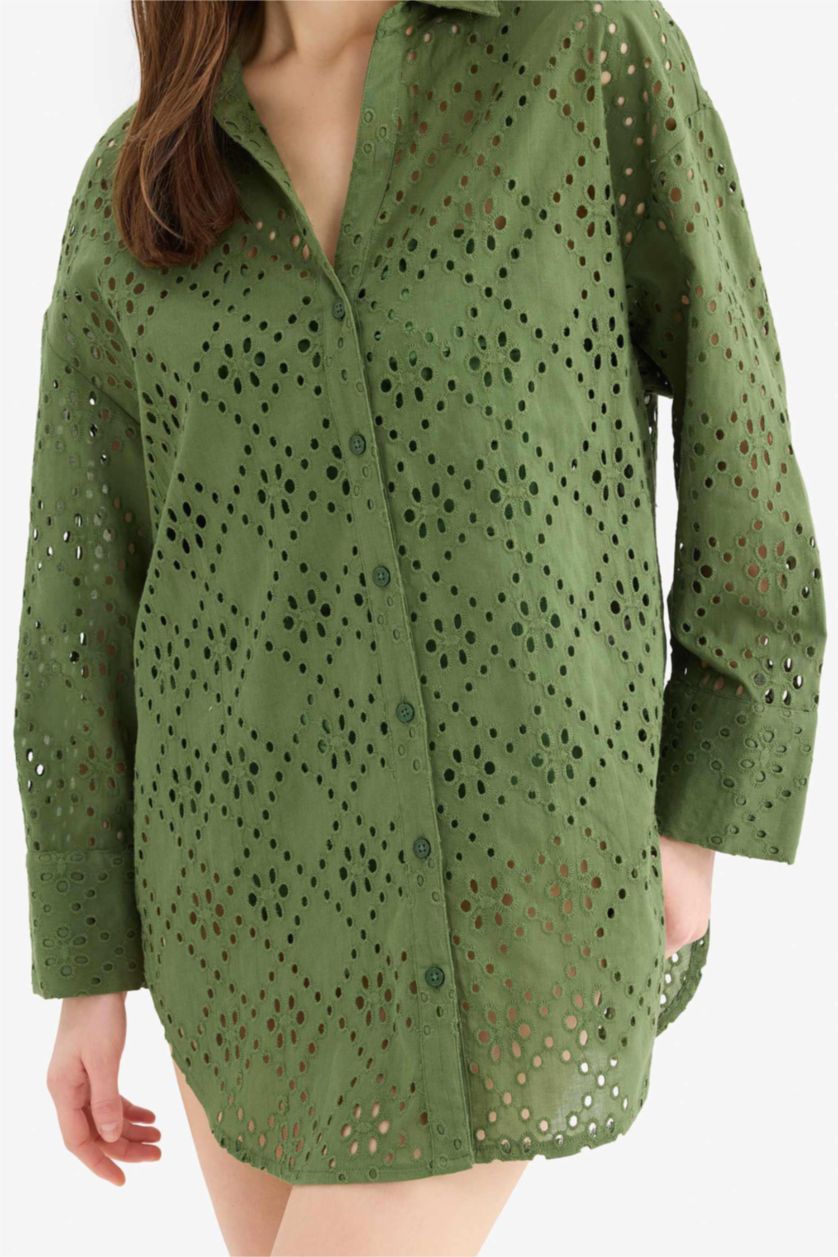 Kadın Yeşil Regular Fit Pamuklu Brode Plaj Gömleği