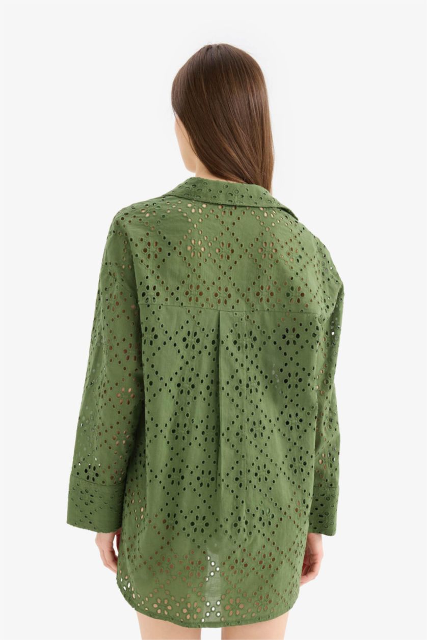 Kadın Yeşil Regular Fit Pamuklu Brode Plaj Gömleği