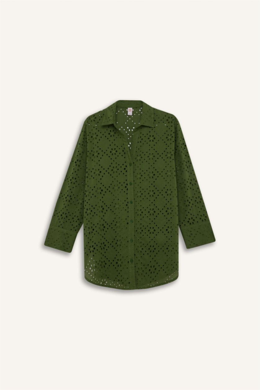 Kadın Yeşil Regular Fit Pamuklu Brode Plaj Gömleği