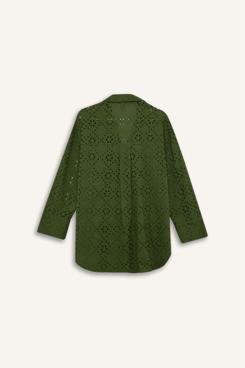 Kadın Yeşil Regular Fit Pamuklu Brode Plaj Gömleği