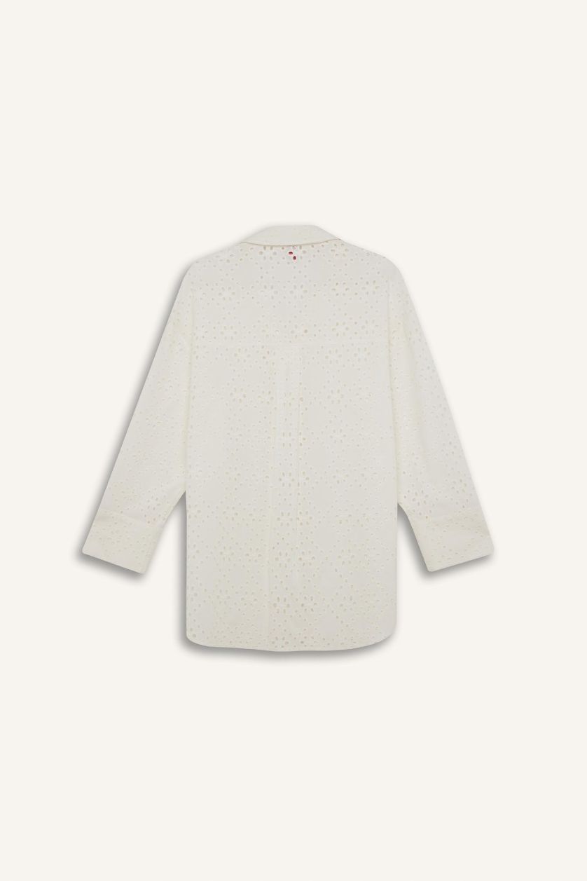 Kadın Kırık Beyaz Regular Fit Pamuklu Brode Plaj Gömleği