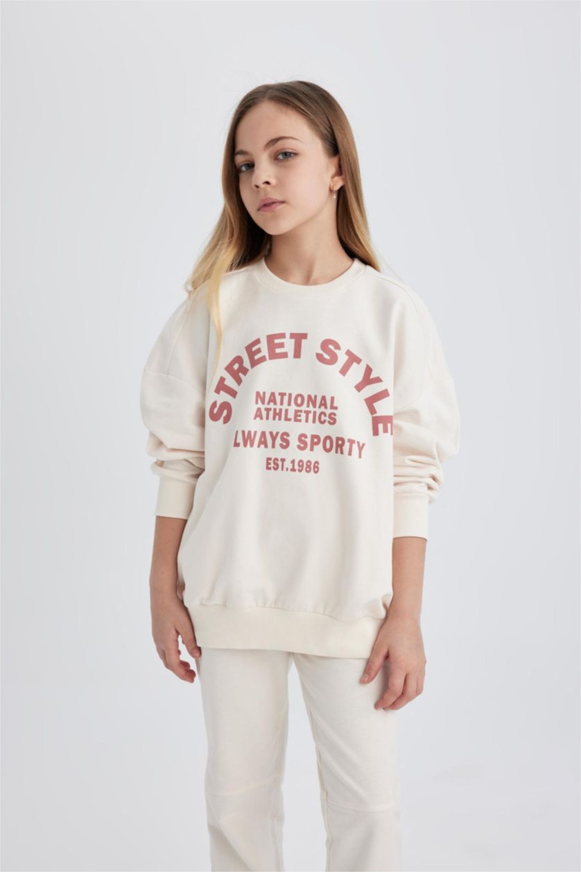 GIRLS & TEENS Ecru Girl Printed Sweatshirt Sweatpants 2 Piece Set