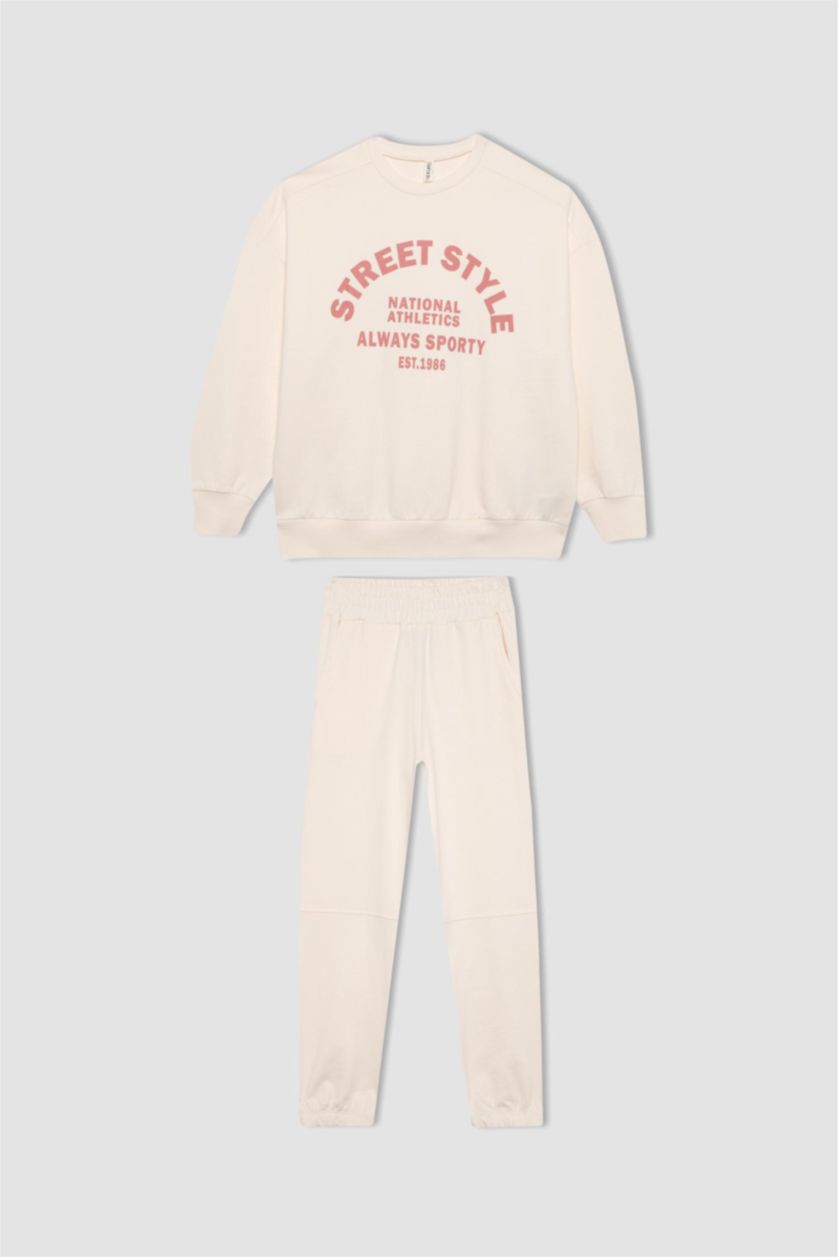 GIRLS & TEENS Ecru Girl Printed Sweatshirt Sweatpants 2 Piece Set