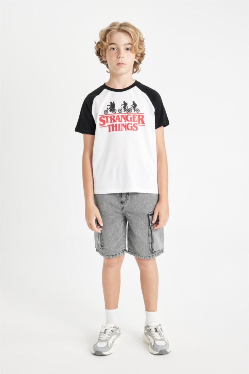 Erkek Çocuk - Genç Erkek Kırık Beyaz Stranger Things Bisiklet Yaka Kısa Kollu Tişört Erkek Çocuk