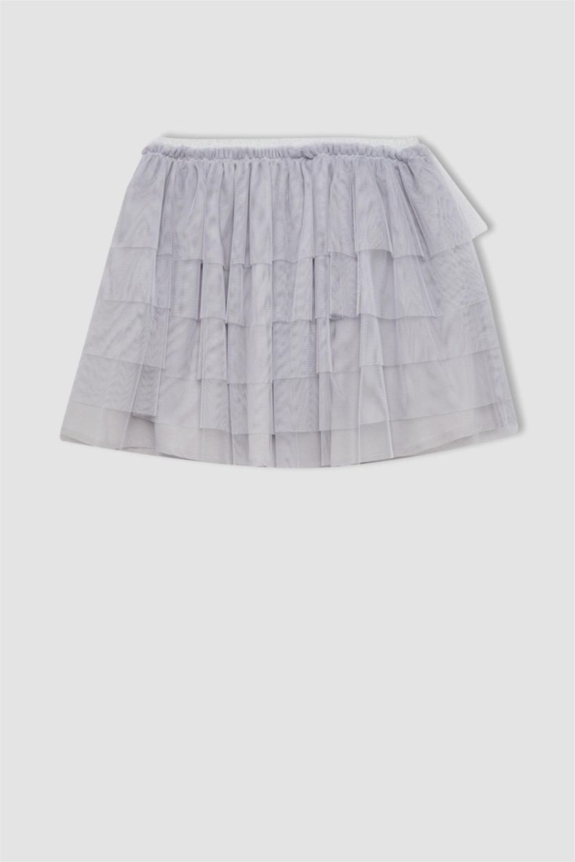 بناتي رمادي فاتح جيبة كاروهات بناتي بخصر مطاطي قصة عادية