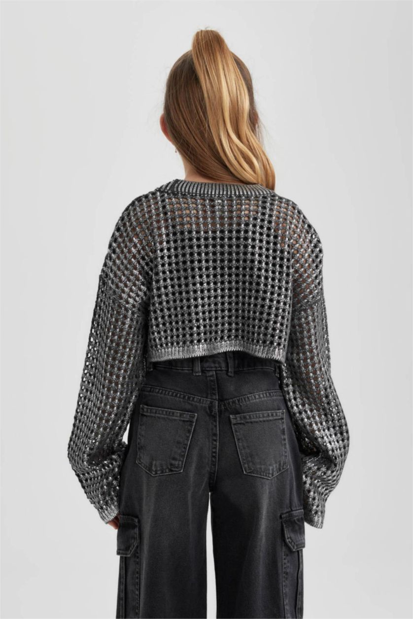 Девочки и подростки Антрацит Пуловер кроп с круглым вырезом для девочек