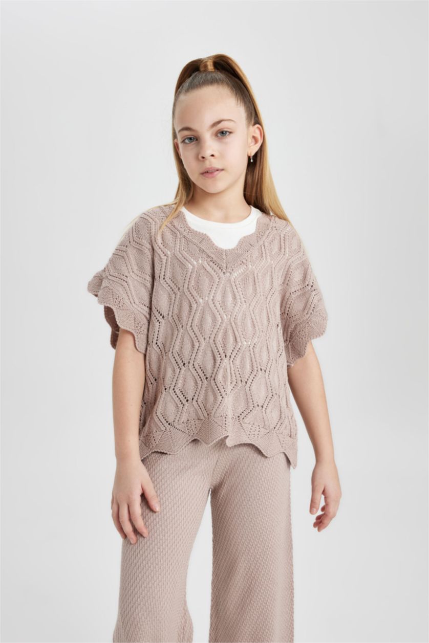 FILLES Beige Pull en tricot à manches courtes et col V pour Fille