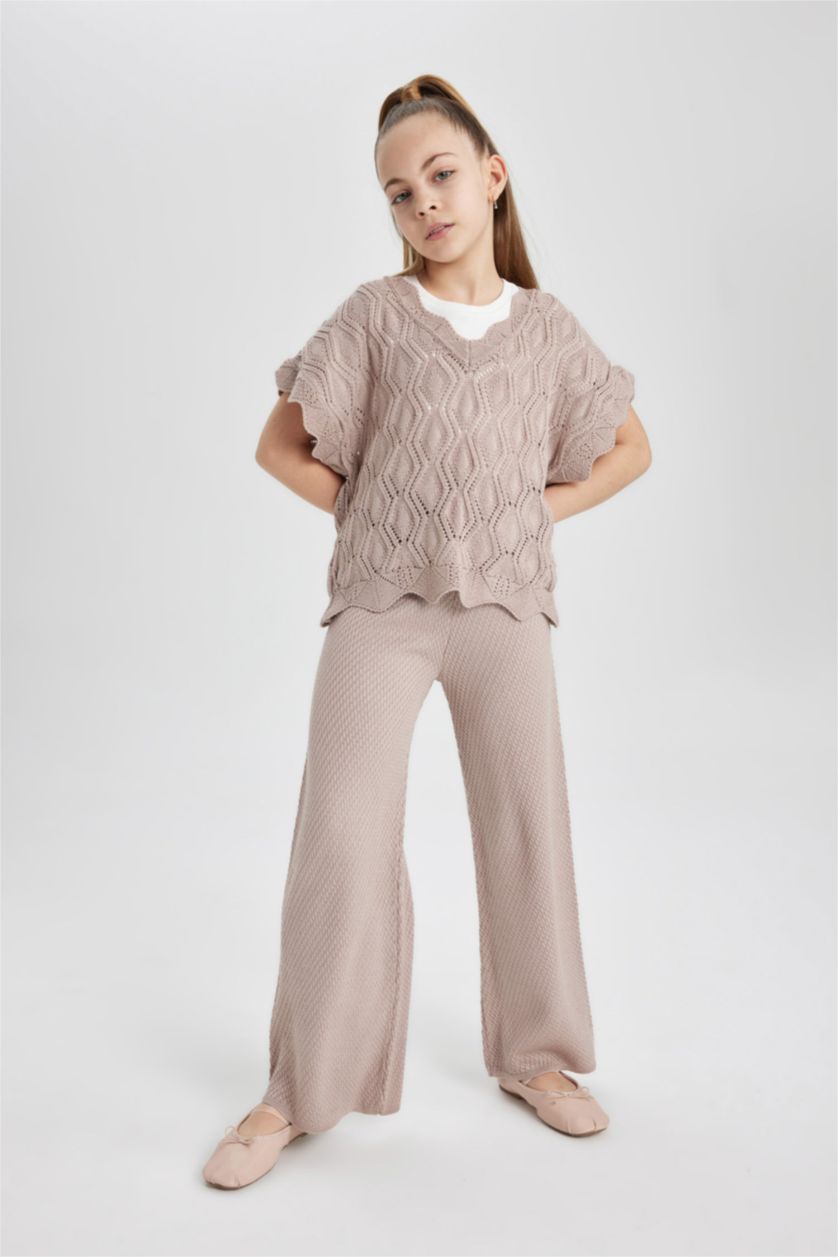 FILLES Beige Pull en tricot à manches courtes et col V pour Fille