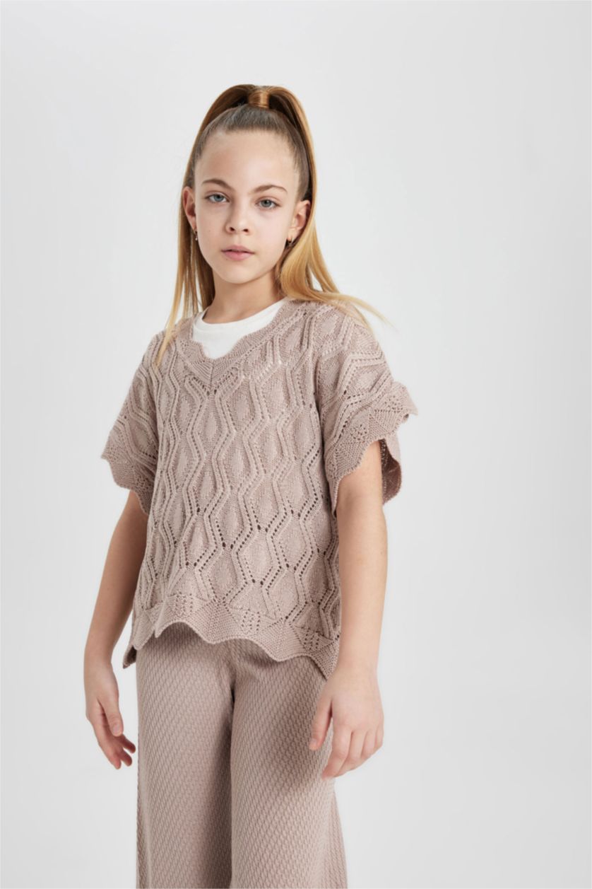 FILLES Beige Pull en tricot à manches courtes et col V pour Fille