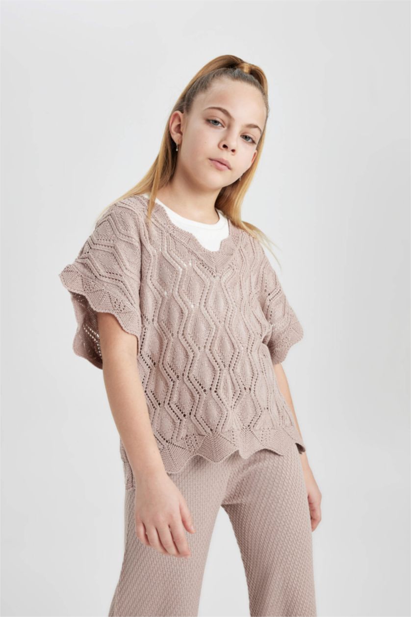 FILLES Beige Pull en tricot à manches courtes et col V pour Fille