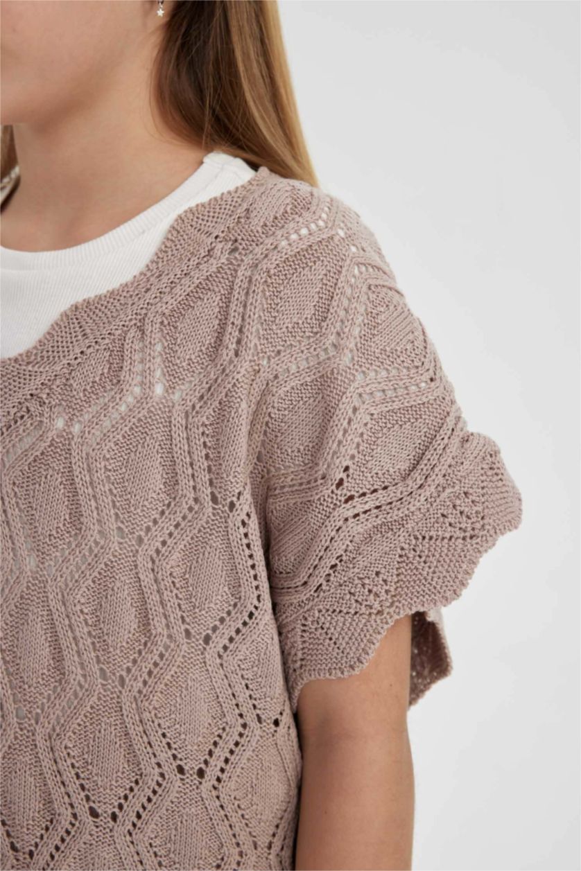 FILLES Beige Pull en tricot à manches courtes et col V pour Fille