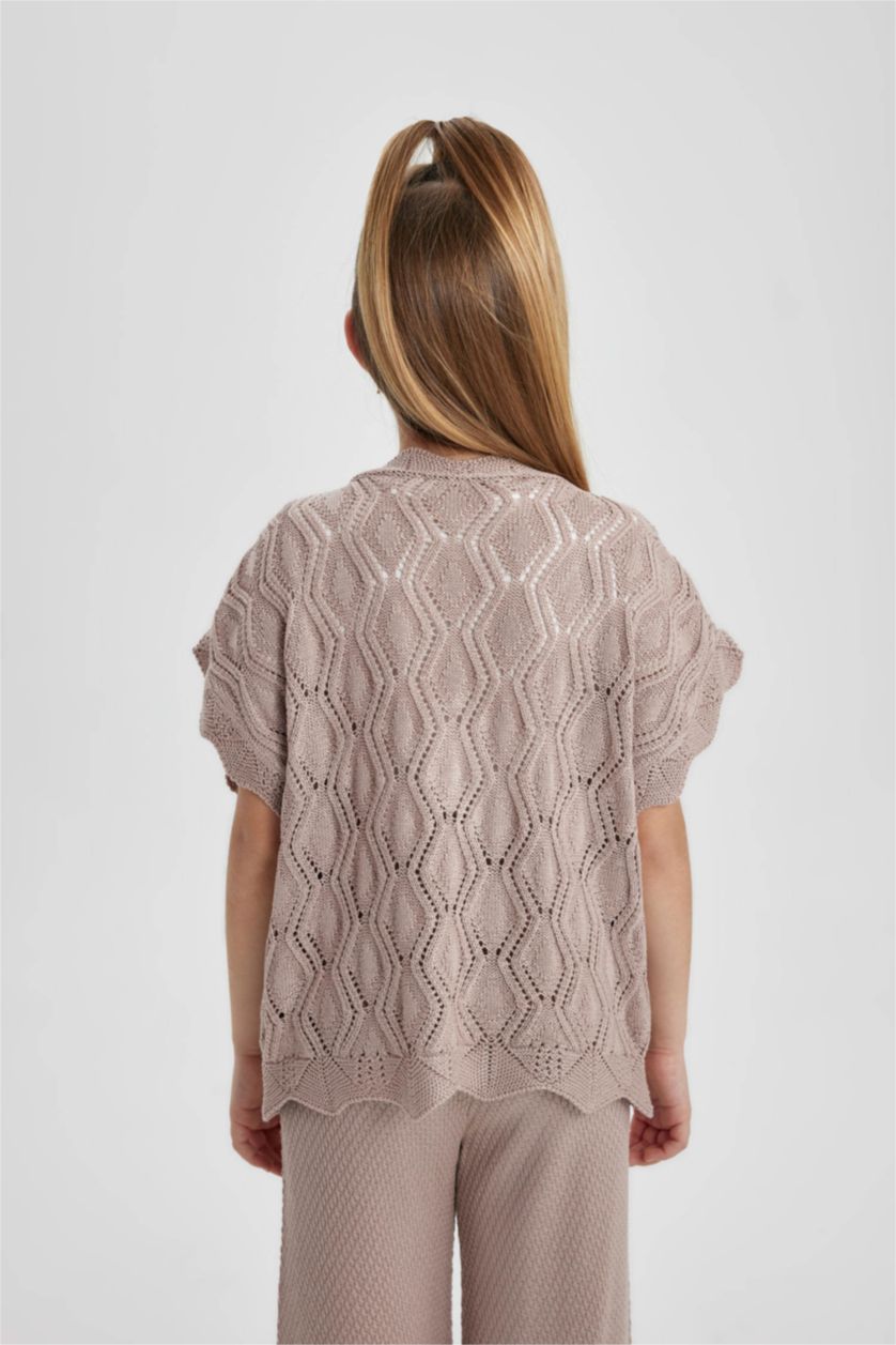 FILLES Beige Pull en tricot à manches courtes et col V pour Fille