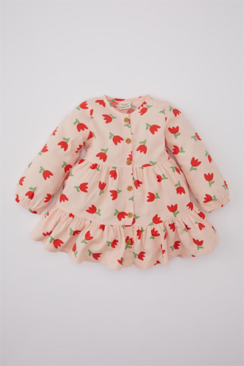 BABY GIRL Pink Regular Fit Flower Long Sleeve Woven Dress