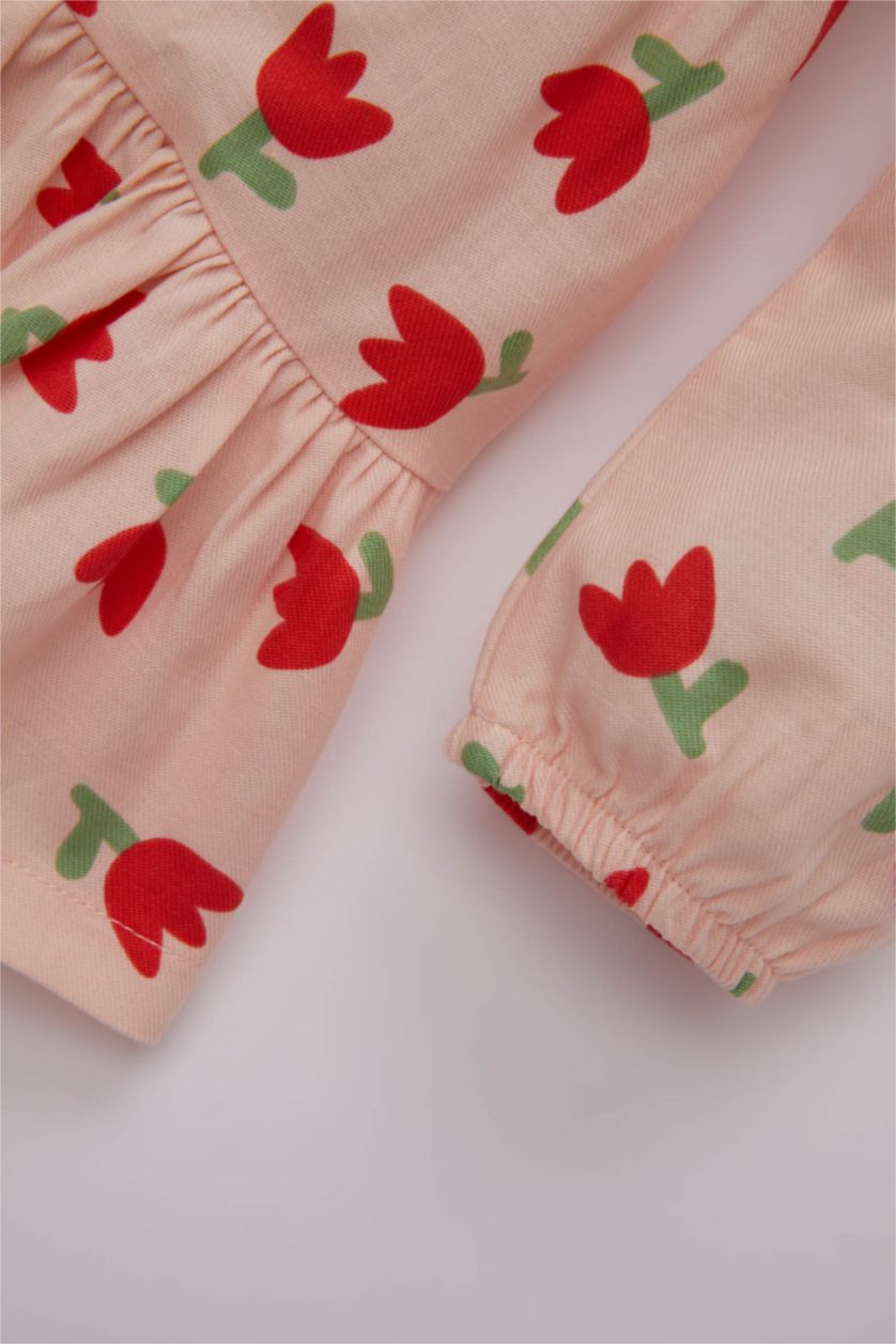 BABY GIRL Pink Regular Fit Flower Long Sleeve Woven Dress