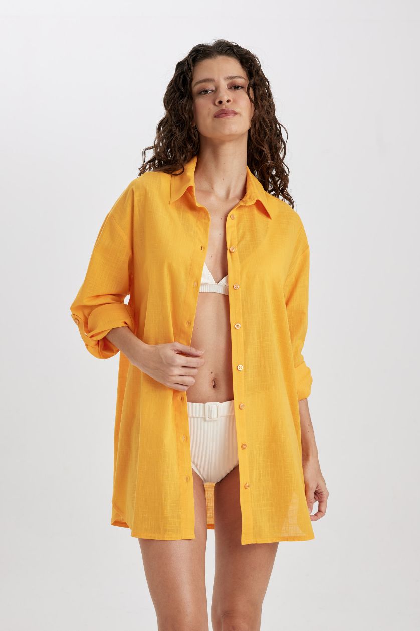 WOMAN Yellow Fall in Love Regular Fit Cotton Beach Shirt