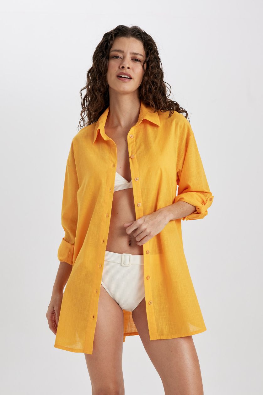 WOMAN Yellow Fall in Love Regular Fit Cotton Beach Shirt