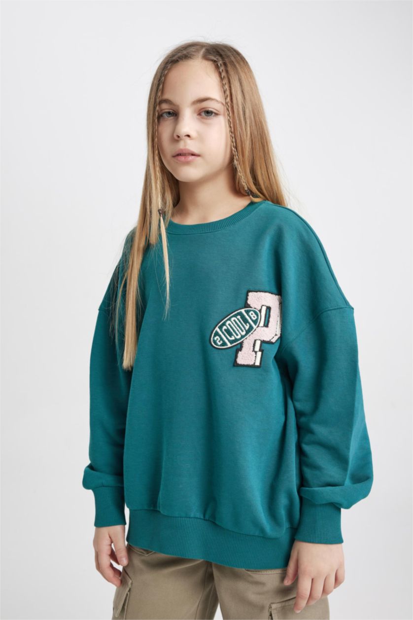 Kız Çocuk - Genç Kız Yeşil Oversıze Bisiklet Yaka Sweatshirt Kız Çocuk