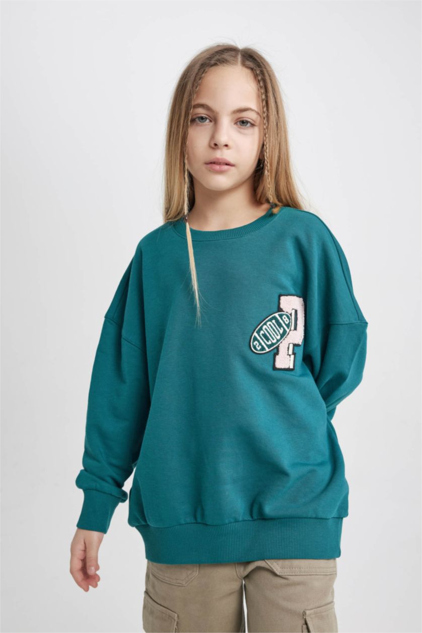 Kız Çocuk - Genç Kız Yeşil Oversıze Bisiklet Yaka Sweatshirt Kız Çocuk