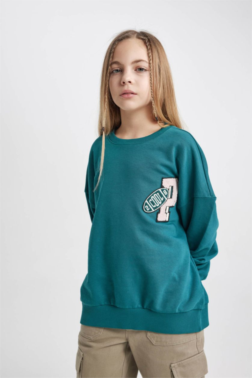 Kız Çocuk - Genç Kız Yeşil Oversıze Bisiklet Yaka Sweatshirt Kız Çocuk