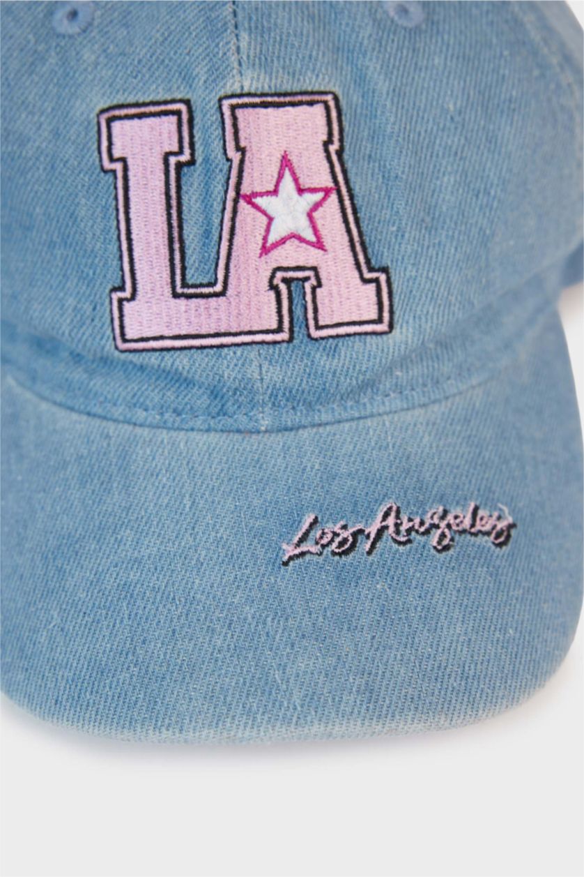 Kız Çocuk - Genç Kız Mavi Nakışlı Jean Cap Şapka Kız Çocuk